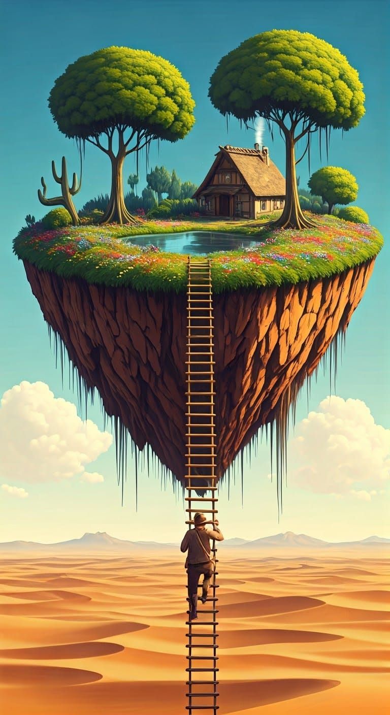 A floating lushy island over the dry desert  by @Good_Vibes_Only