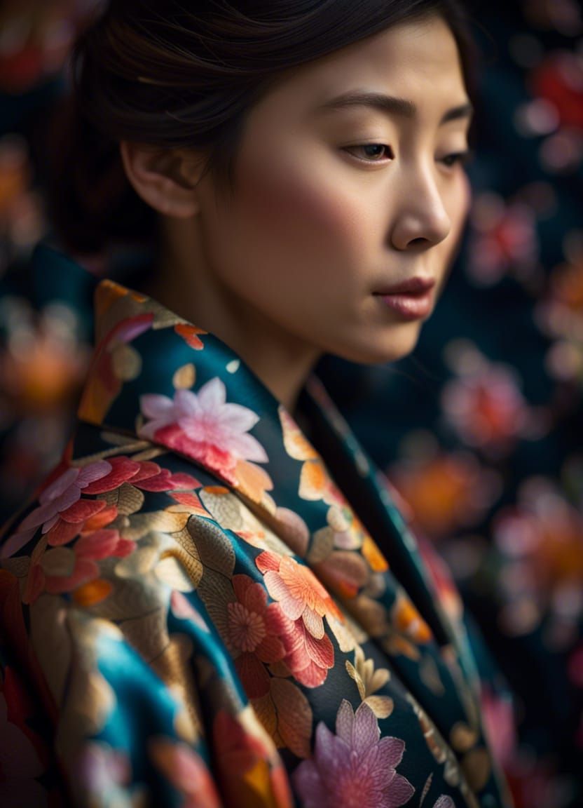 Vivid flower petals and leaf patterns are woven into a Japanese silk brocade coat worn by a beautiful woman