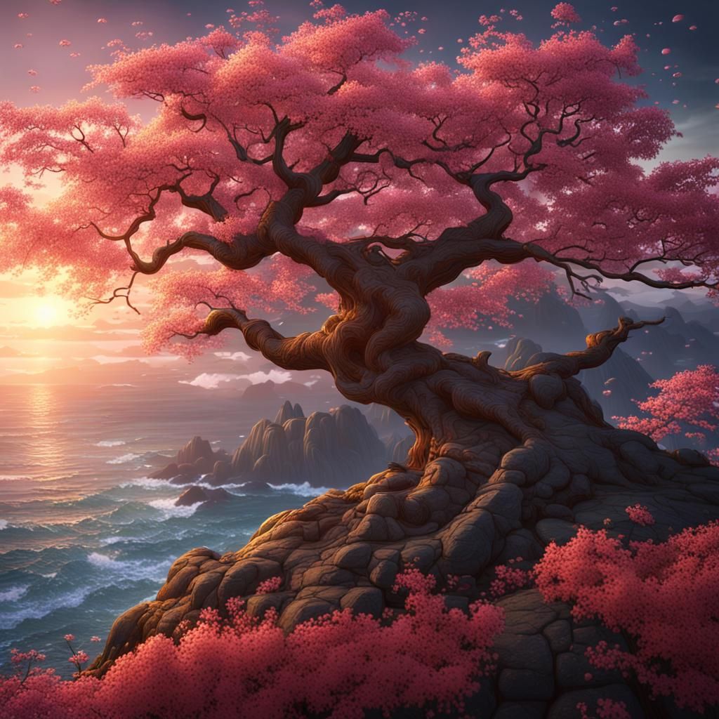A sakura tree by the ocean as the sun sets