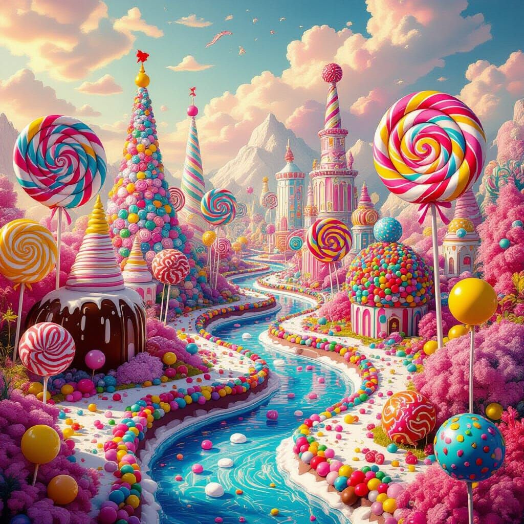 Willie Wonka style candy factory with chocolate river, gumball trees, all of nature is candy. Bright ...  by @Cute_aa_