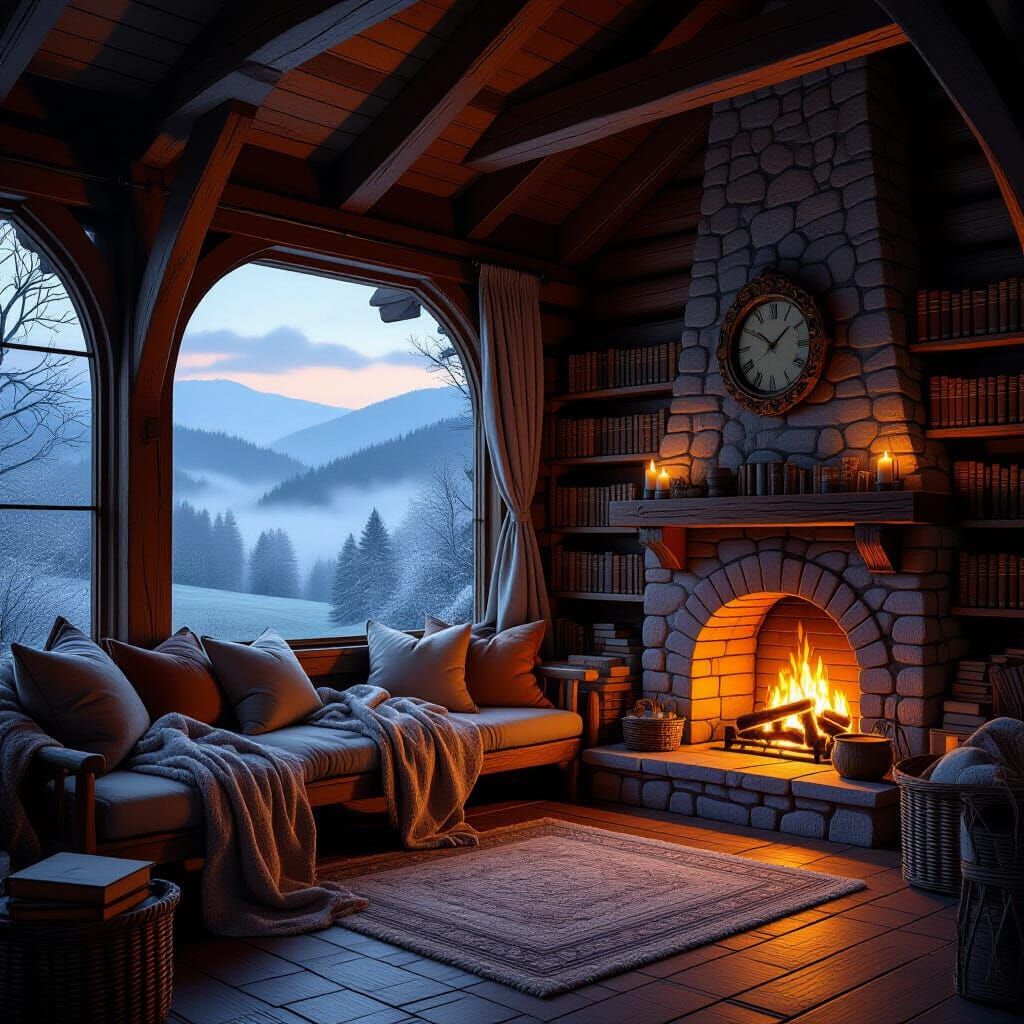 A cozy, dimly lit cabin in the woods, interior, overflowing with plush cushions, warm blankets, and shelves ...  by @Charleen