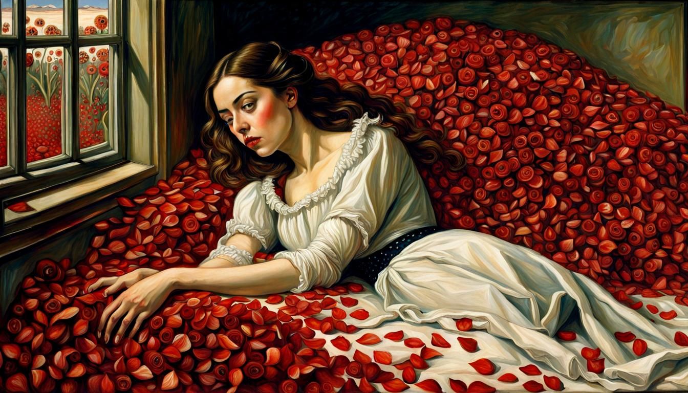 Dia de los muertos. Crisp white bed covered in black and red flower