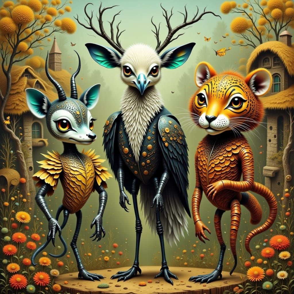 three hybrid animals in a village<lora:Zeste-Citron hybrid1:1.0>