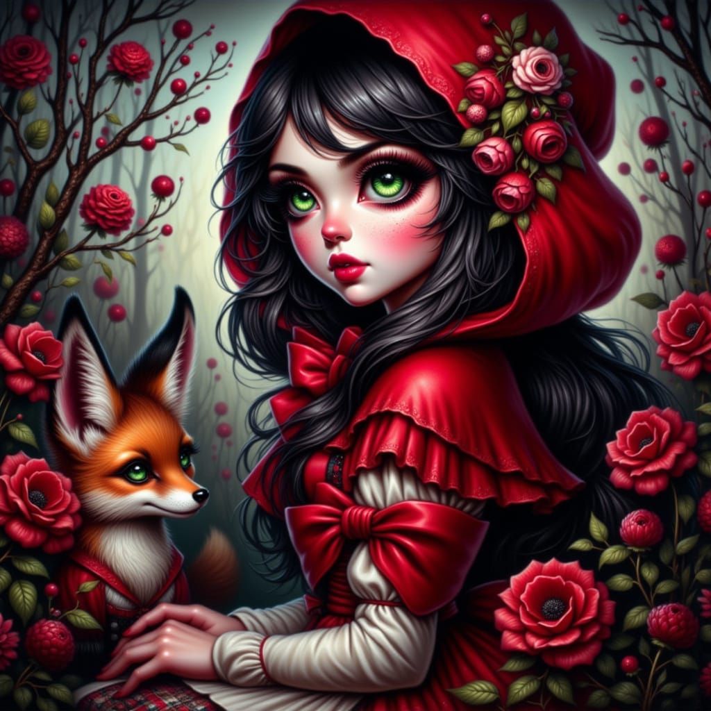 A young woman with long, dark hair and striking green eyes gazes over her shoulder. She wears a vibrant red hood adorned with flowers, and h...