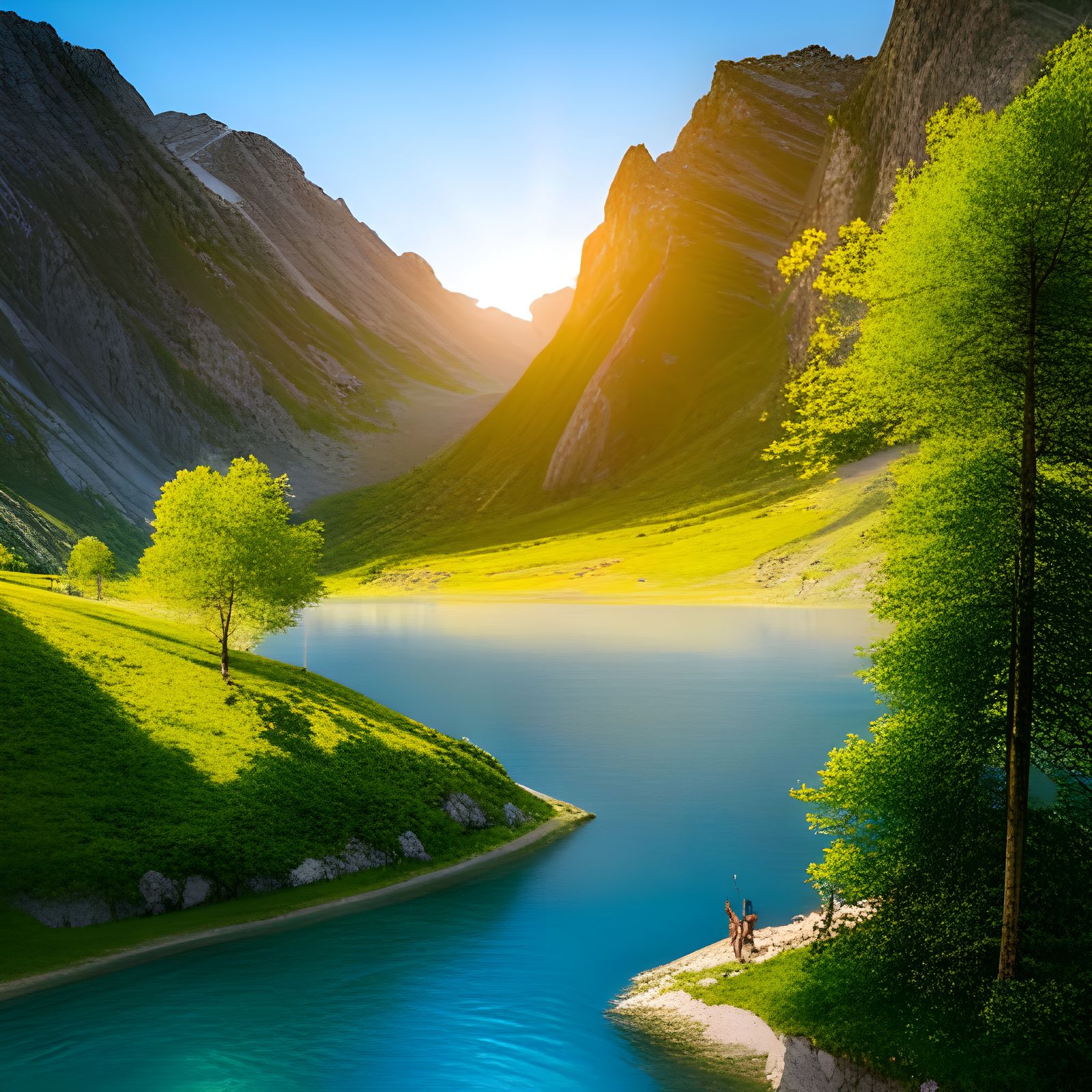 mountain landscape, sunny morning, clear blue sky with some ...