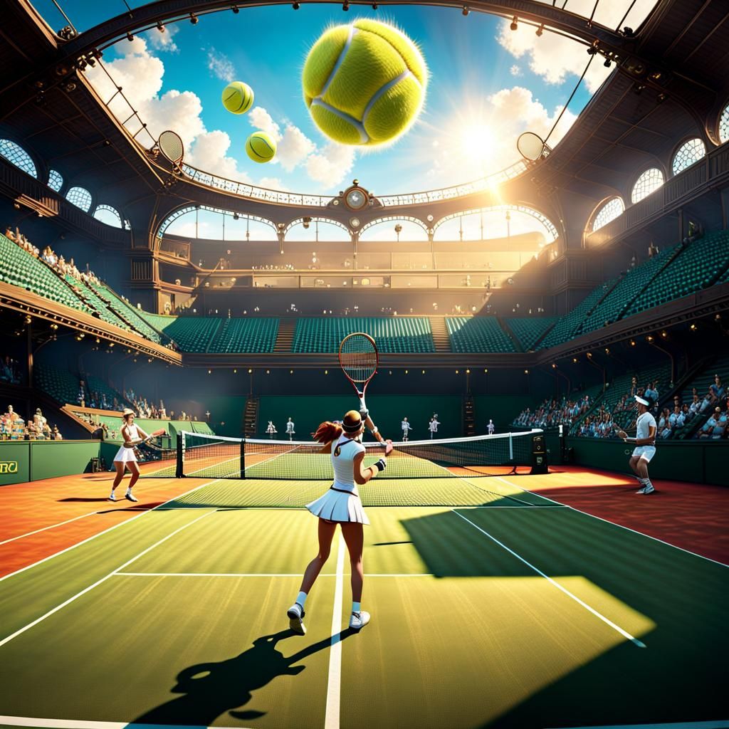 A vibrant, sunlit scene in perfect symmetry, where two playe...