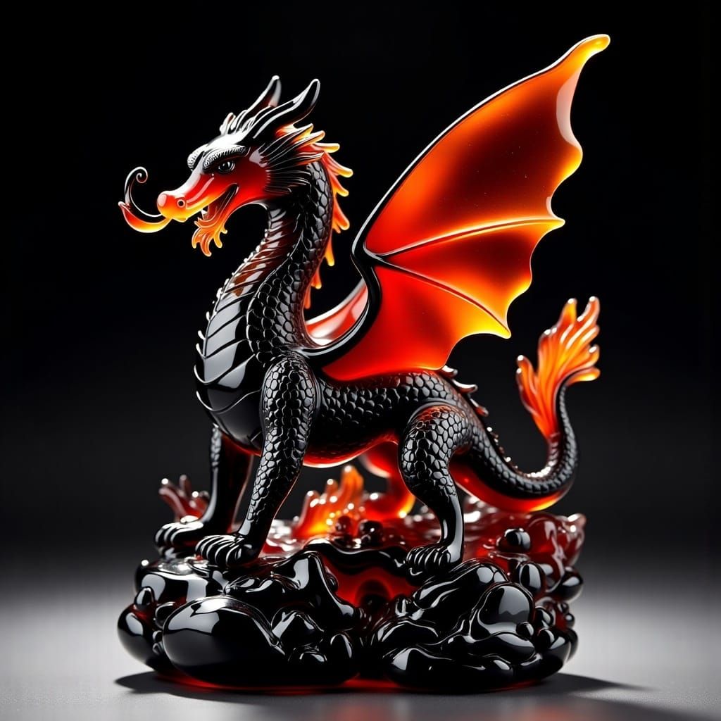 a carved black onyx dragon is breathing red and orange translucent glass fire <lora:Smooth Statues:1.0> 