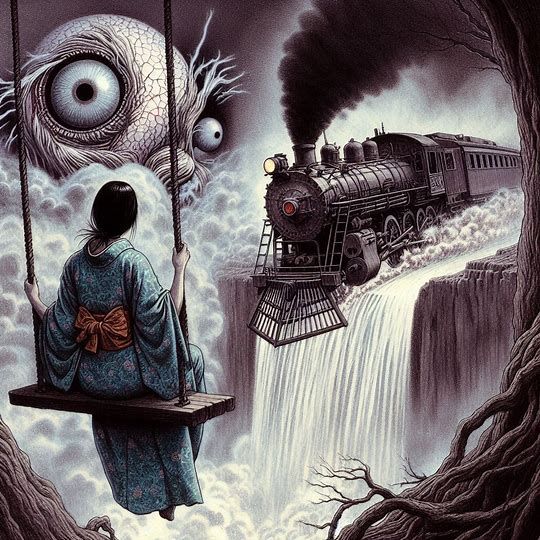 Japanese woman watching a locomotive crash over a waterfall