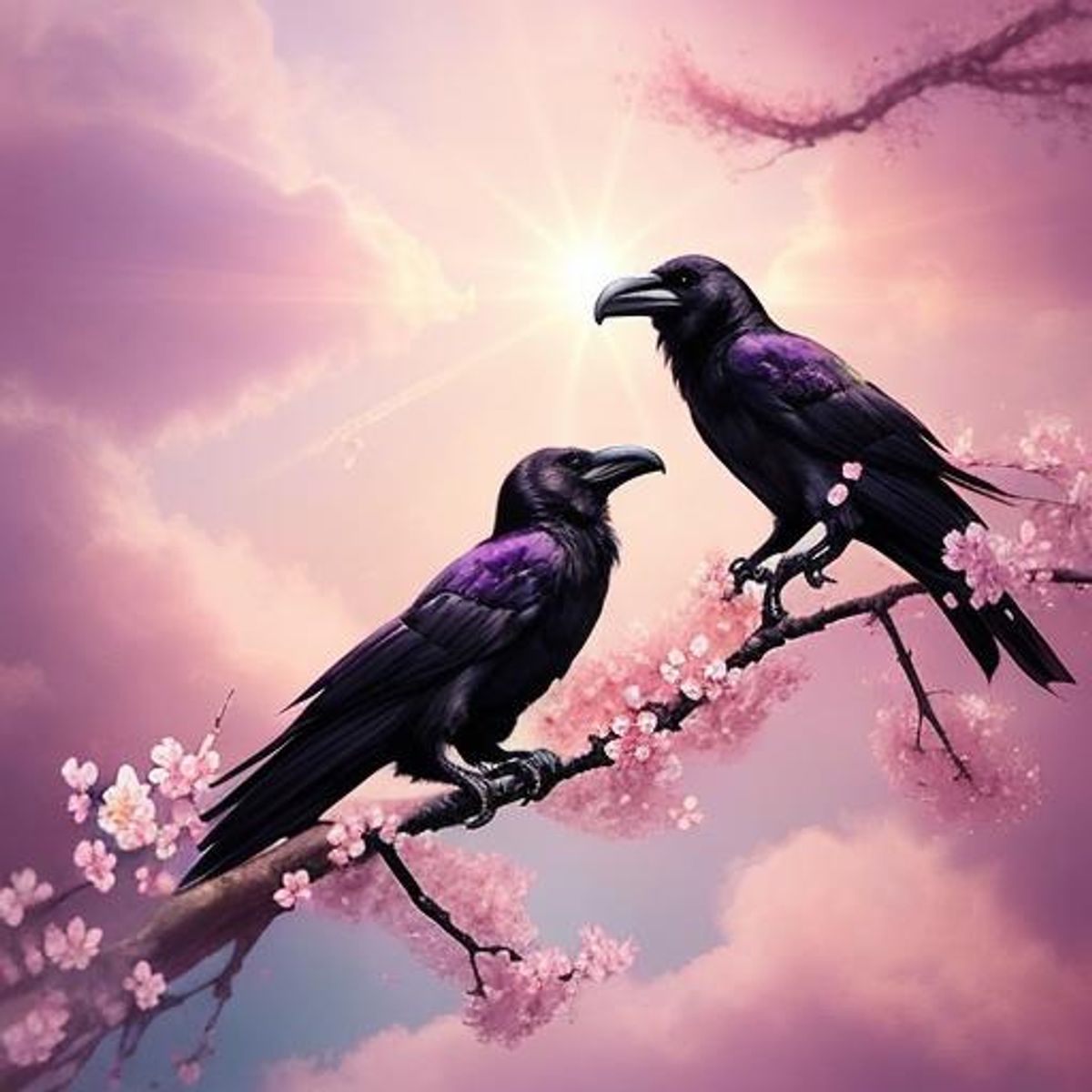 ravens in tree with cherry blossom flowers - AI Generated Artwork ...