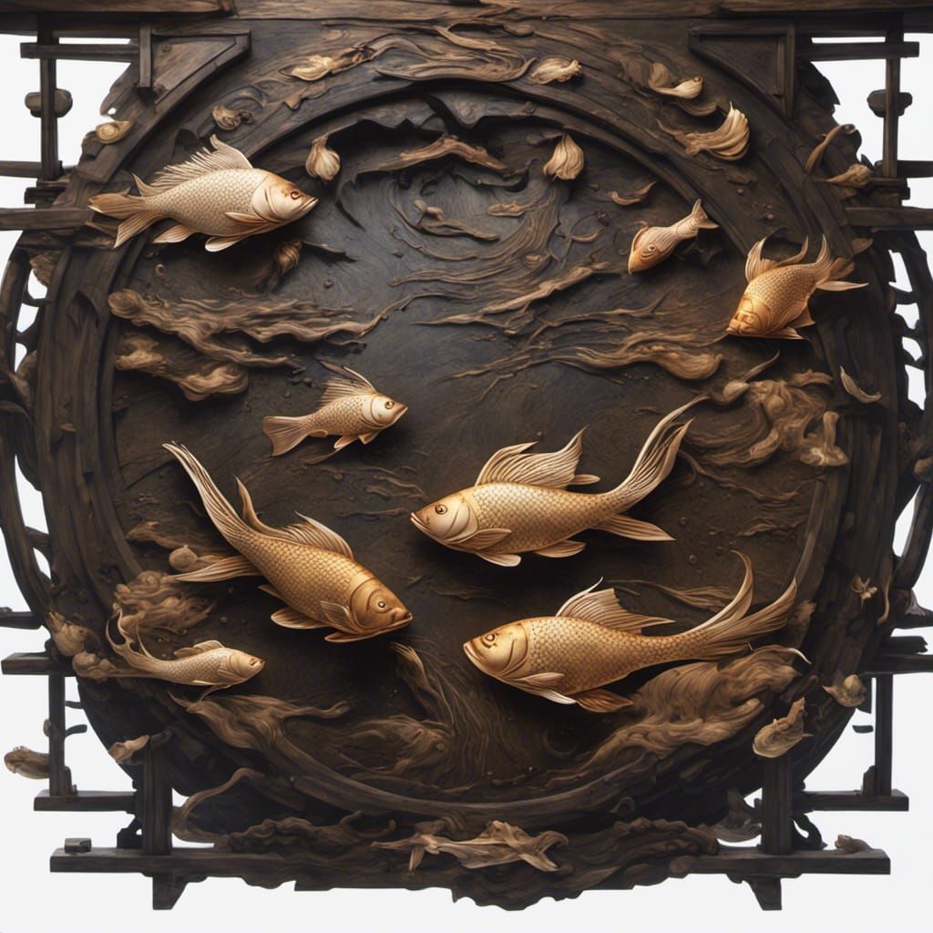 Fan, lotus, fish, water splashes, wooden, oriental