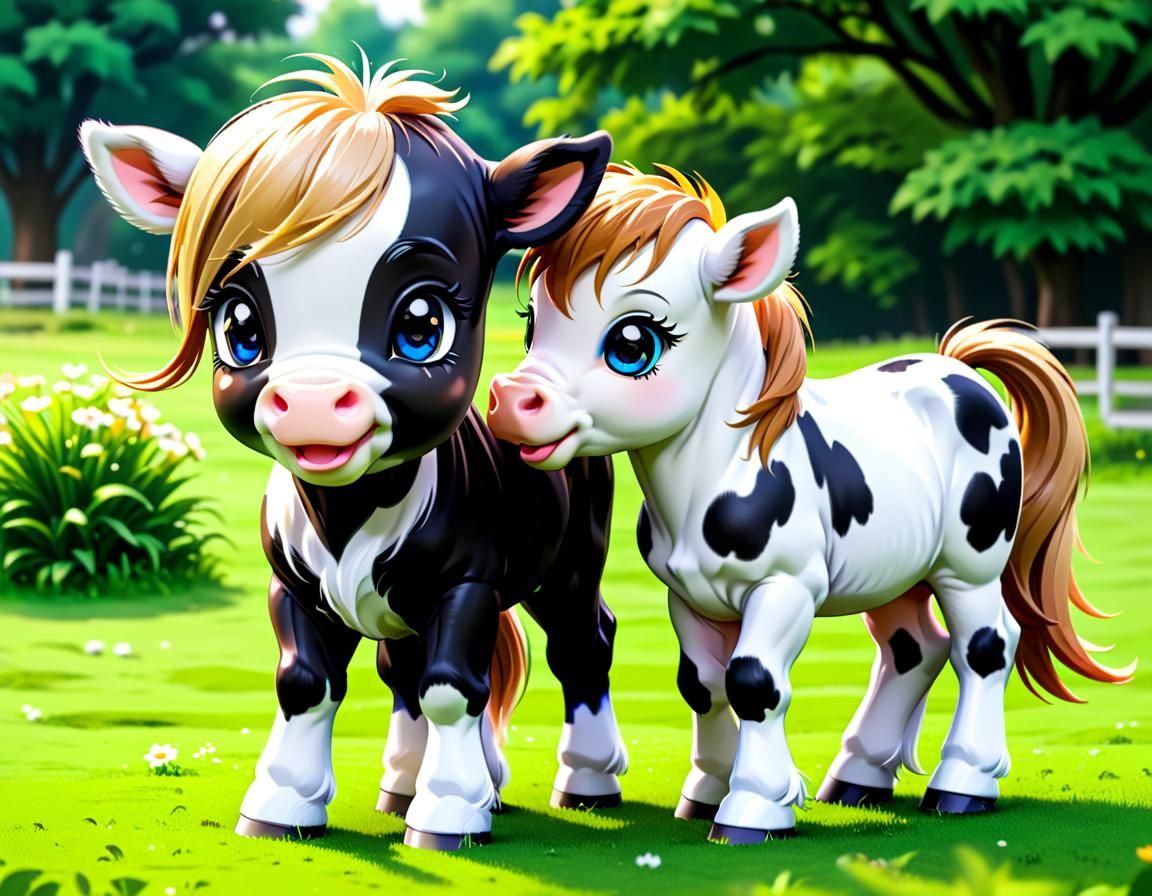 Chibi cow playing with a pony