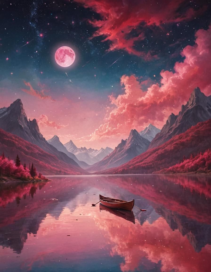 Infinite mirror lake surface.
Wooden rowing boat.
Distant mountains.
Surrealism. starry sky. Glorious moonrise. Shining, vibrant red and pin...