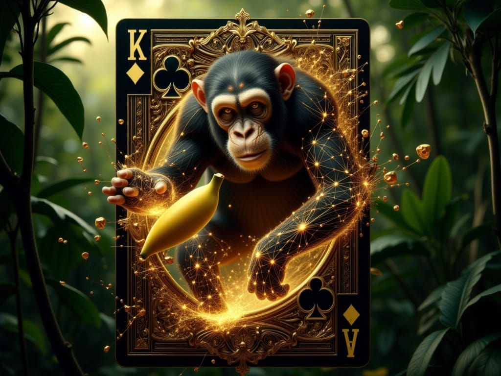 <lora:FiosArcaneCards:1.0> King of the Swingers! Chimp playing card