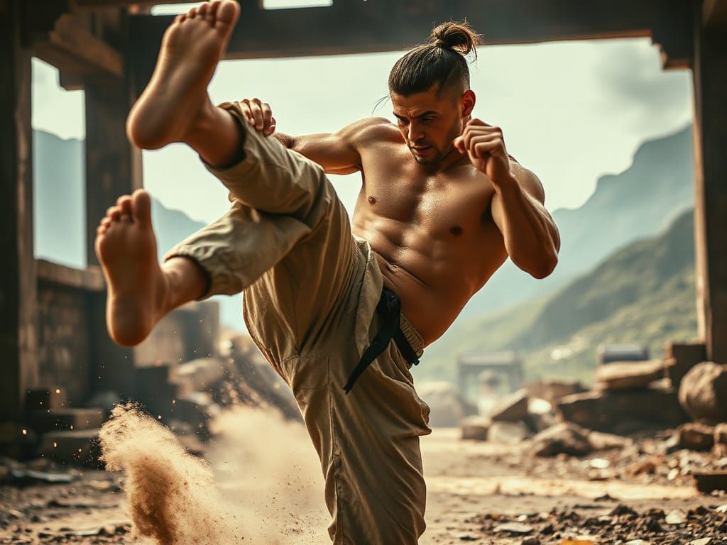 A shirtless, muscular karate master in a mid-action pose during an intense fight, his chiseled physique glistening with ...