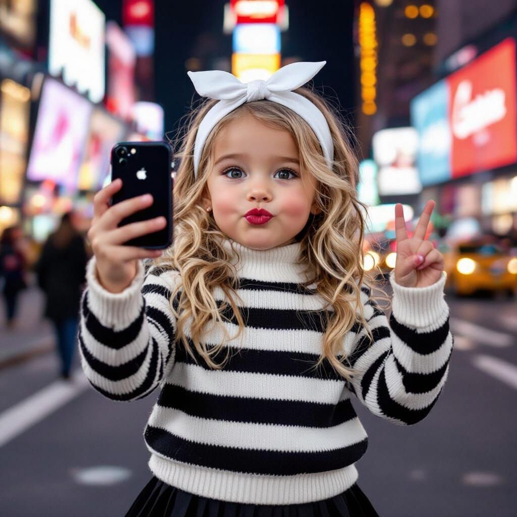 Girl Takes Selfie in NYC with Victory Sign