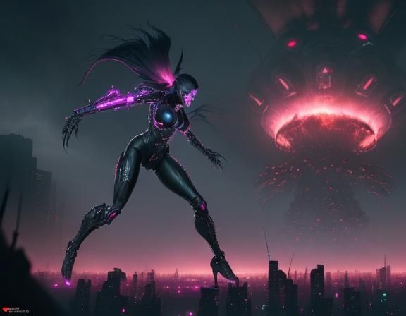 A cybernetic female vampiric figure wearing black in the bac...