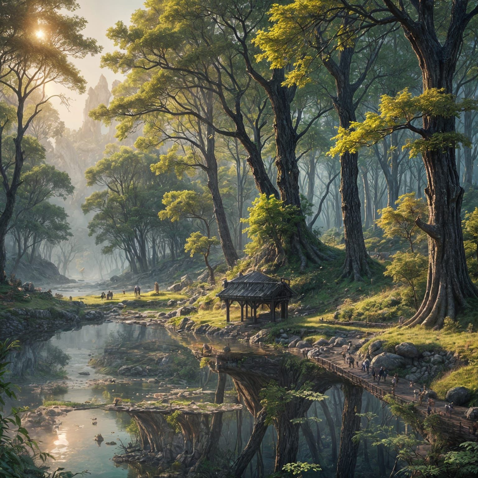 Surreal Landscape with Vibrant Trees and Waterfalls