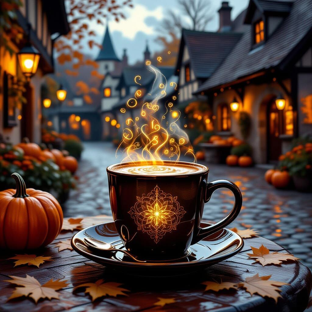 Autumn Cafe Scene with Steaming Coffee and Magical Runes