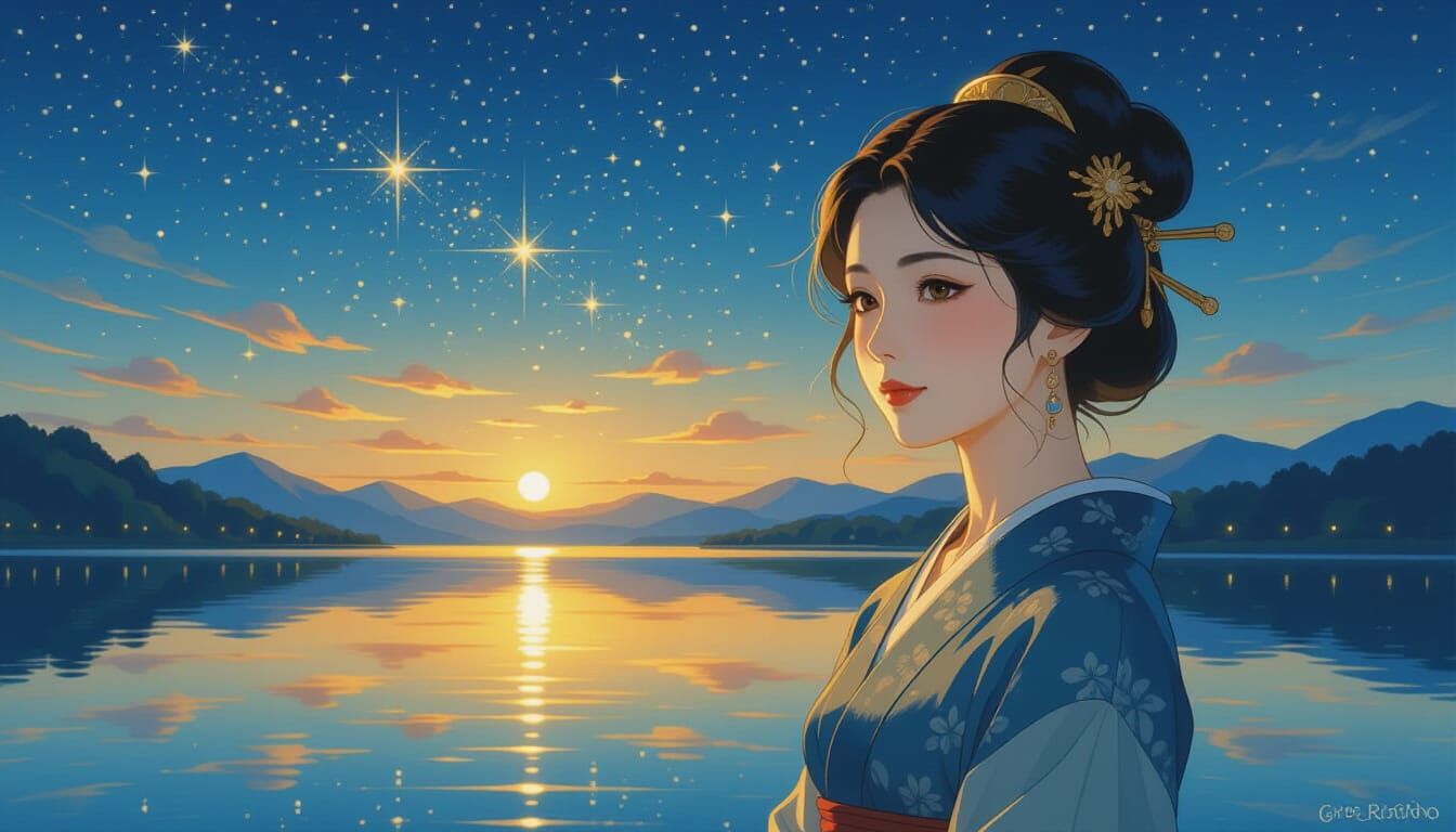 starry night sky reflected on a quiet lake, impressionist and cinematic mood, soft golden light accents ...  by @dmaster1968