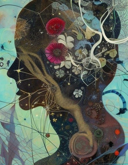 Textile Art Woman with Geometric and Floral Elements