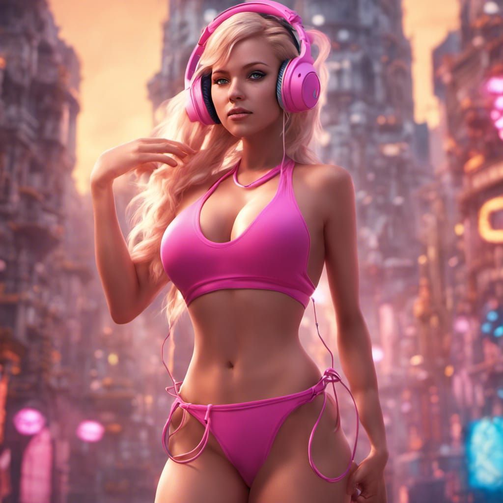 Curvy blonde girl wearing pink bikini and pink headphones AI