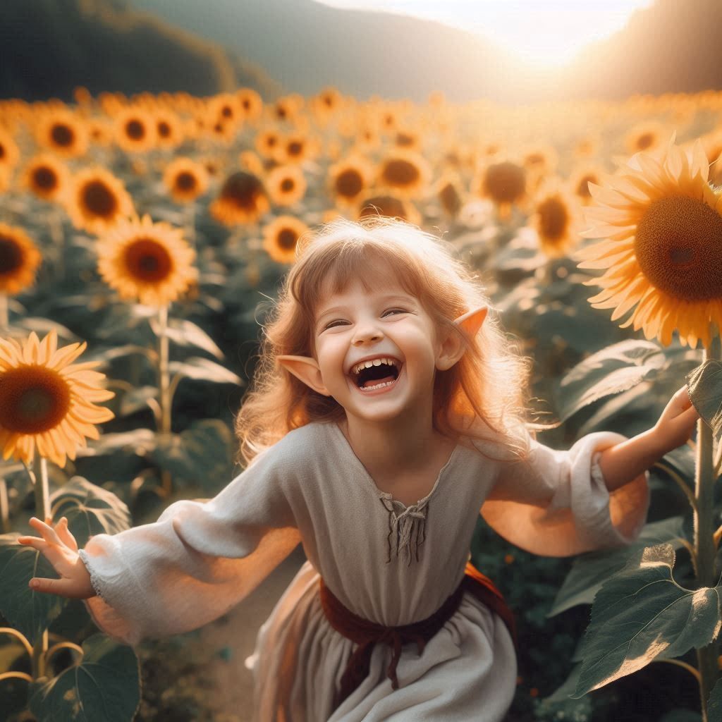 Little elven girl running through the fields