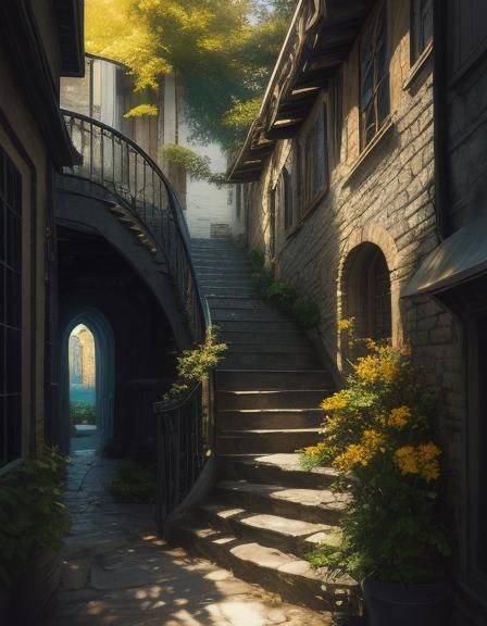 a painting of a stairway leading to a building, atmospheric ...