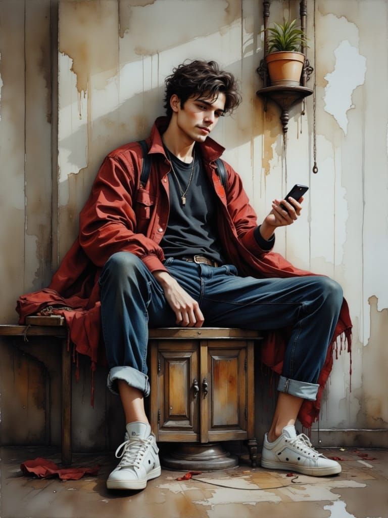 Man Sings into Microphone in Ripped Jeans and Plaid Shirt