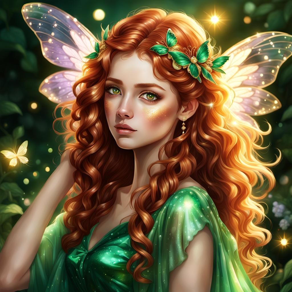 Beautiful Woman with Emerald Eyes in a Glowing Garden