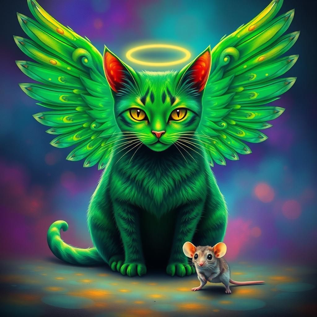 Psychedelic green cosmic zen  angel cat angel at the backgro...