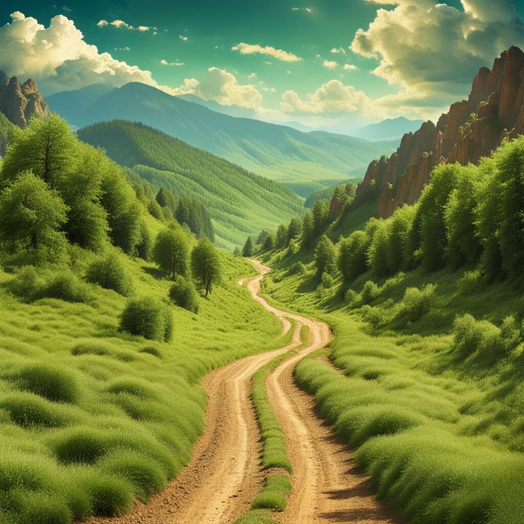 the sky, clouds, mountains, the dust road going up to green ...