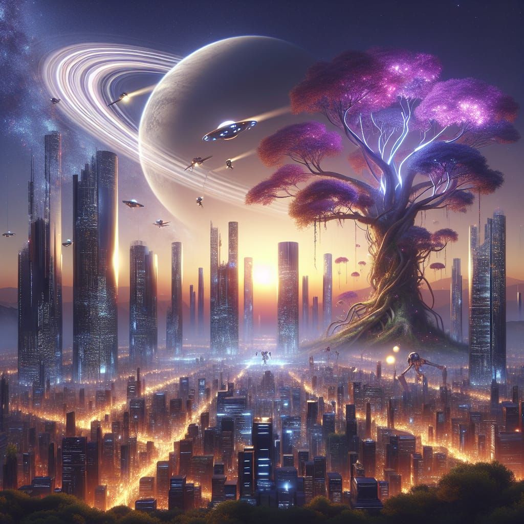 "A futuristic cityscape at sunset, blending ancient architec...
