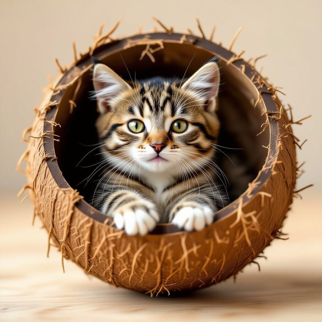 Kitten Resting Inside a Halved Coconut Shell