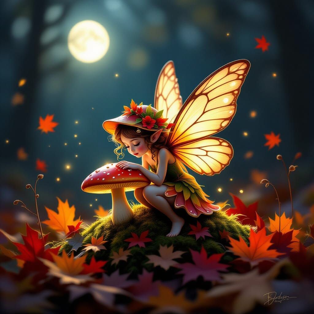 A tiny, bioluminescent mushroom fairy with wings like autumn leaves is nestled amongst a bed of fallen crimson and amber foliage. Gentle moo...