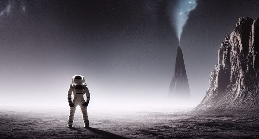 A astronaut alone in the space behind the great dark monolit...