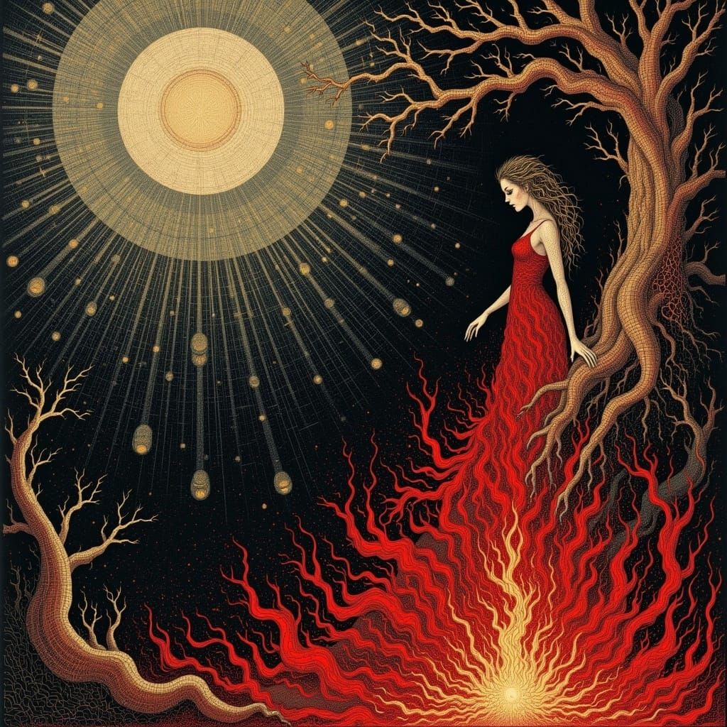 Cursed cryptic echoes reflected as colors from the black abyss style of Leonora Carrington <lora:Goddess:1.0> 