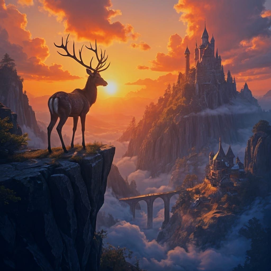Deer Silhouetted Against Fantasy City Sunset