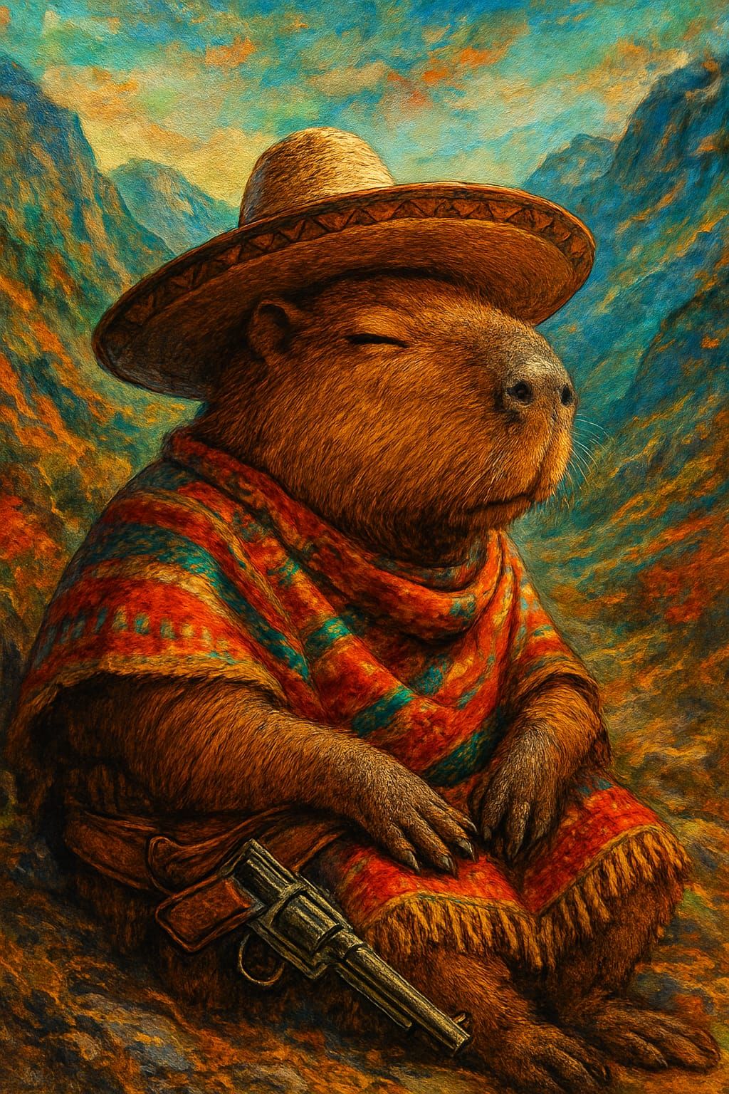 capybara gunslinger wearing a traditional sombrero and ponch...