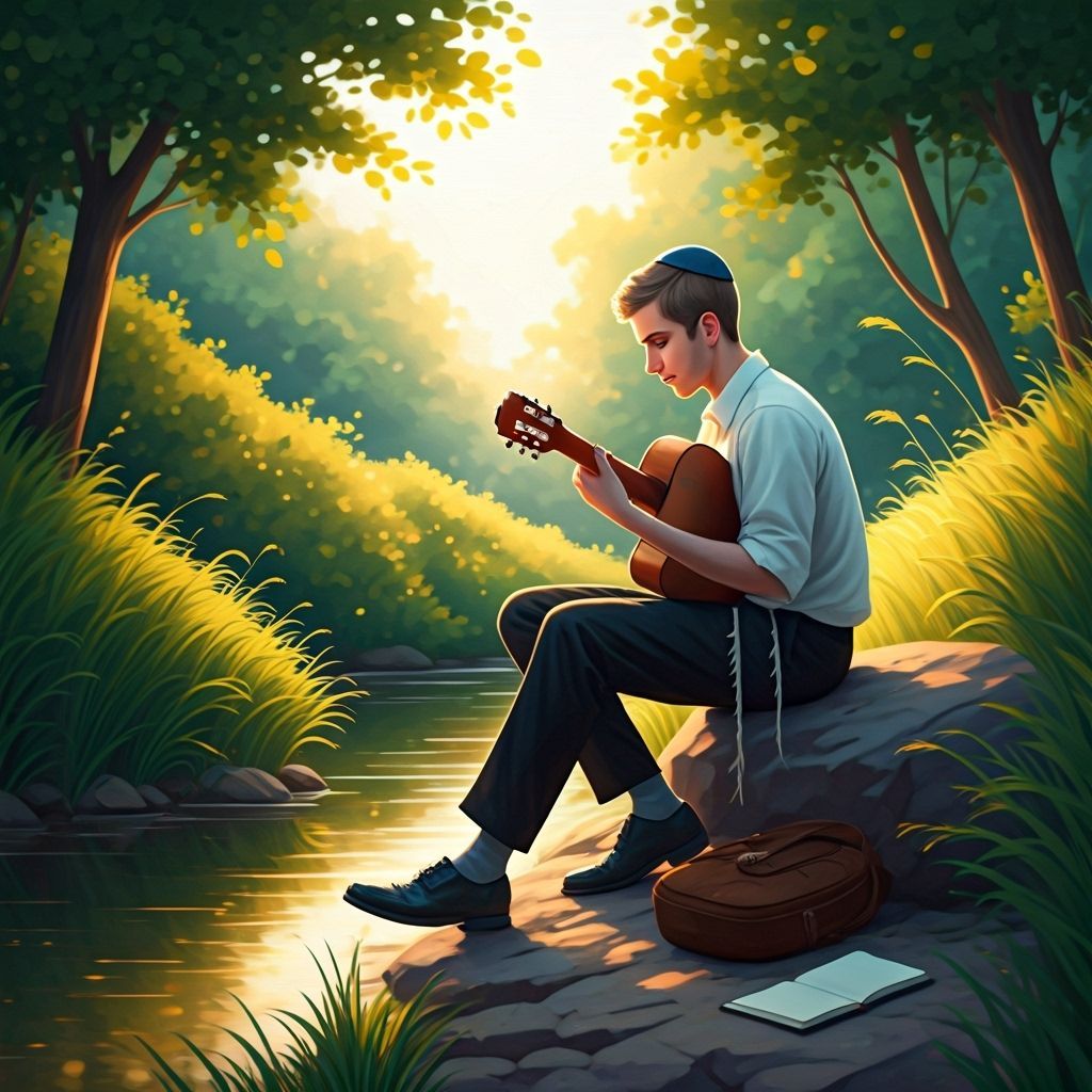 בחור צעיר חרדי יושב על שפת נחל שקט בין עצים ירוקים. סביבו דשא רך וגבוה מעט, מתנועע בעדינות ברוח של ערב קיץ. אור שמש חמים נוגע במים, יוצר השת...