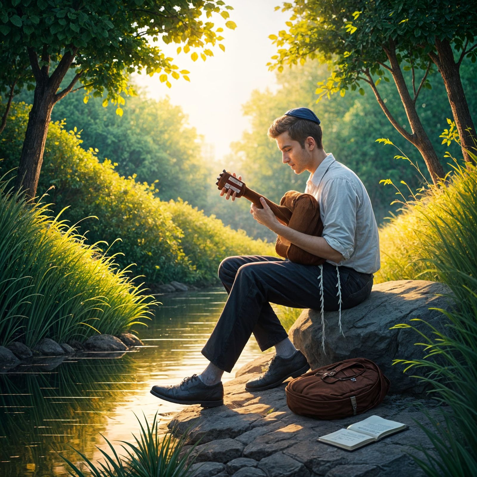 Young Man Contemplating Nature While Playing Guitar