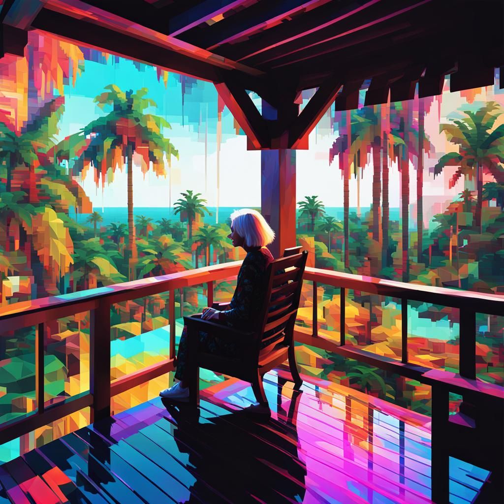 Pixelated Woman in Glitch Art Palm Treehouse