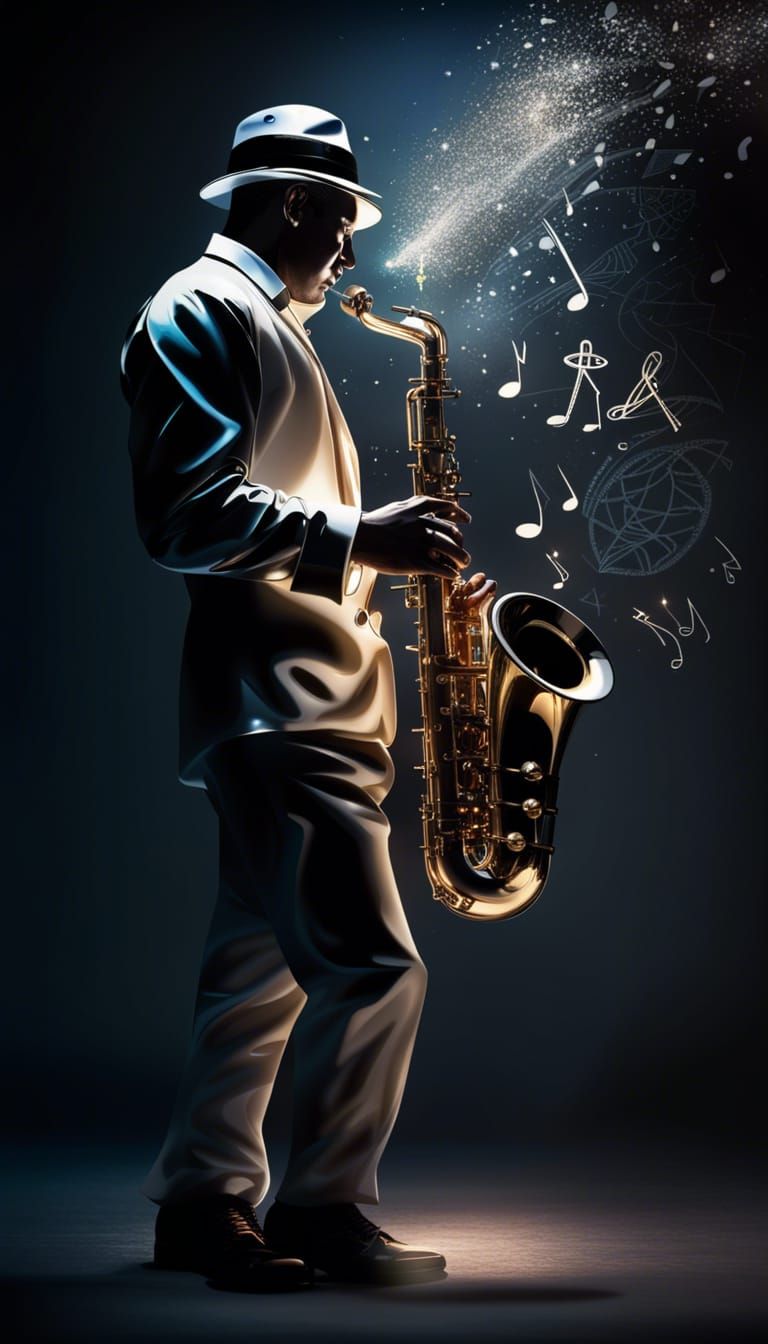 a shinny brass saxophone musician playing the blues.  by @Arturex