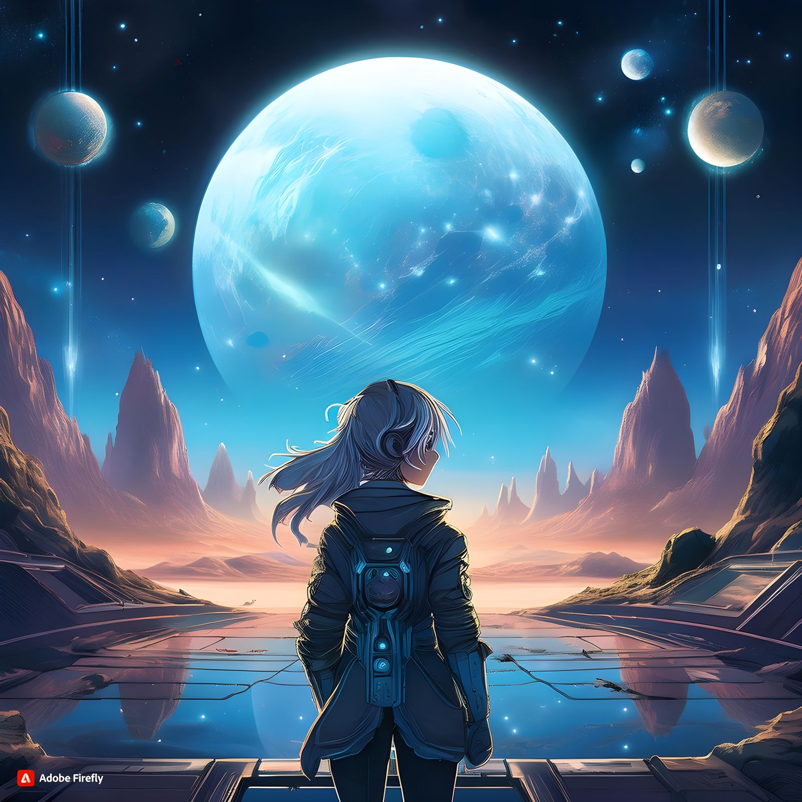 Frelfy anime character looking at the moon on an alien world