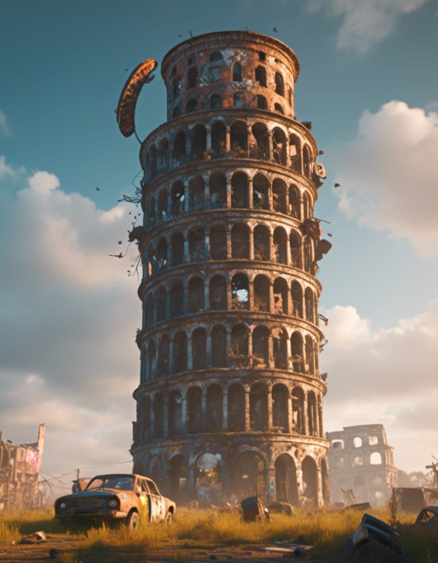 Pisa Tower in dystopian future <lora:Dystopian:1.0>,sharp focus, beautiful colors analogue film mode :: 8k :: Zbrush :: Unreal 5 Engine :: O...