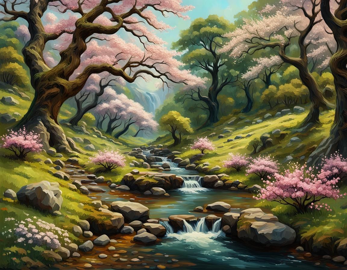 A beautiful forestscape; oaks; pinus; blossom trees; a littl...