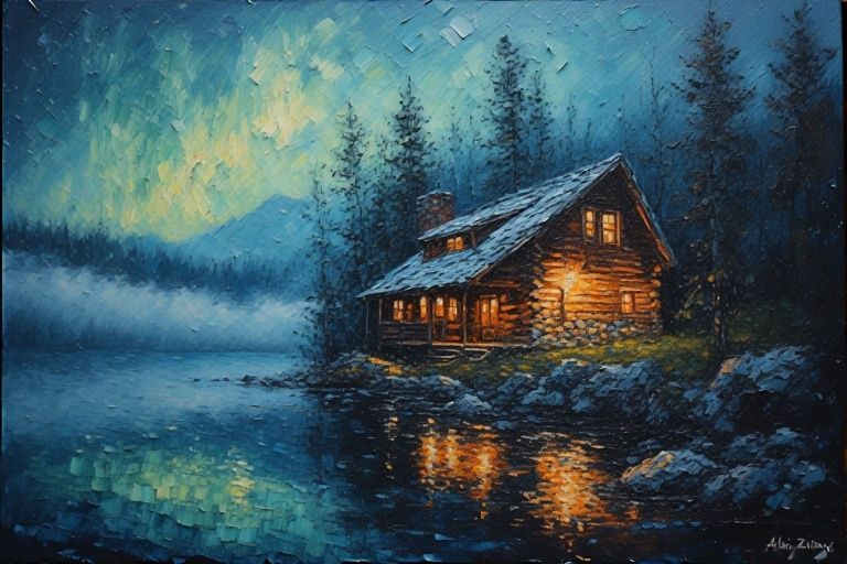 Rock cabin on a misty lake (1)