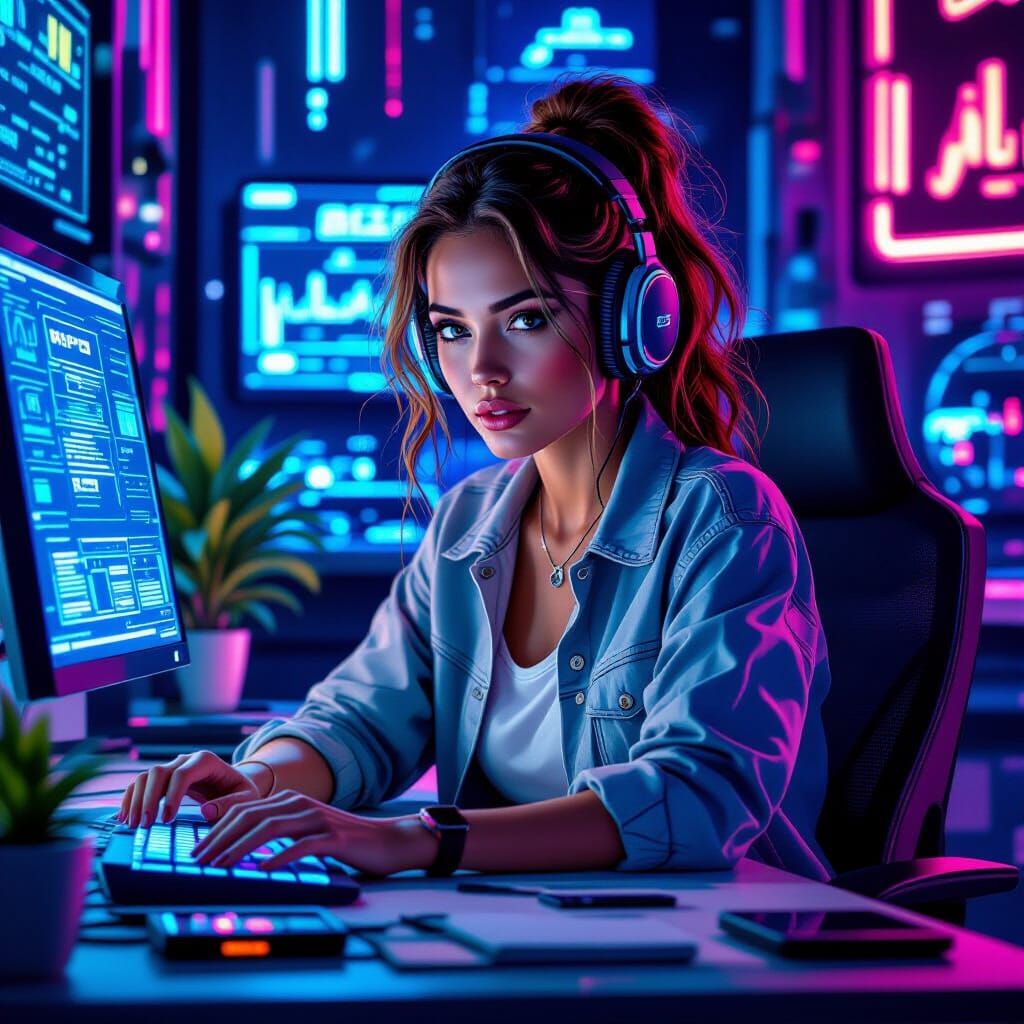 Retro-Futuristic Cyberpunk Woman at Computer Desk
