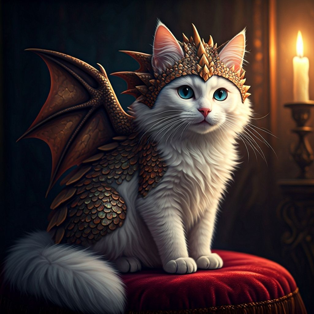 A fluffy white cat is meticulously disguised as a fearsome dragon, complete with tiny, shimmering scales ...  by @JAYDE7