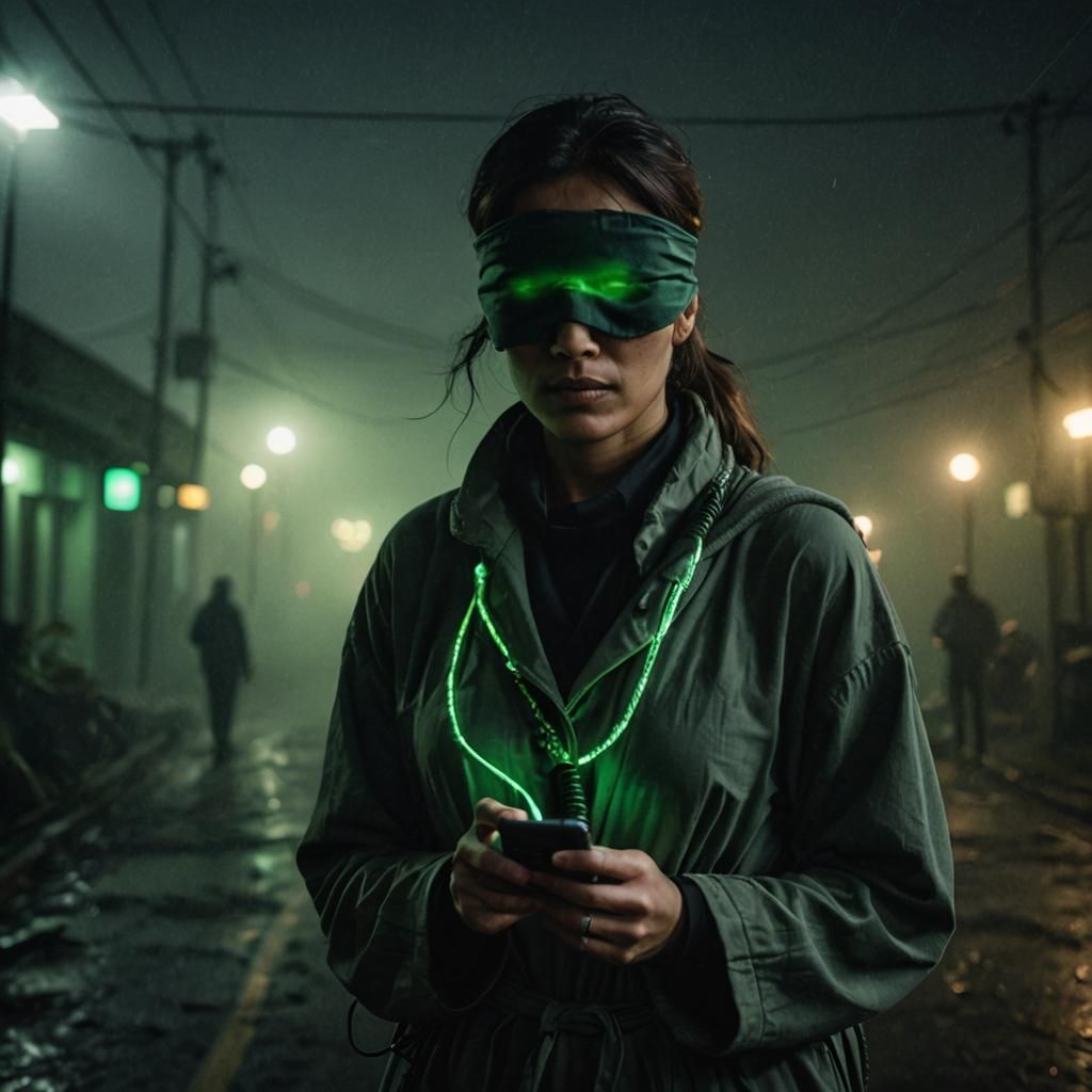 A woman holding a mobile phone. She is wearing a thick cloth blindfold. a green glowing cable is wrapped around her neck. The background is...