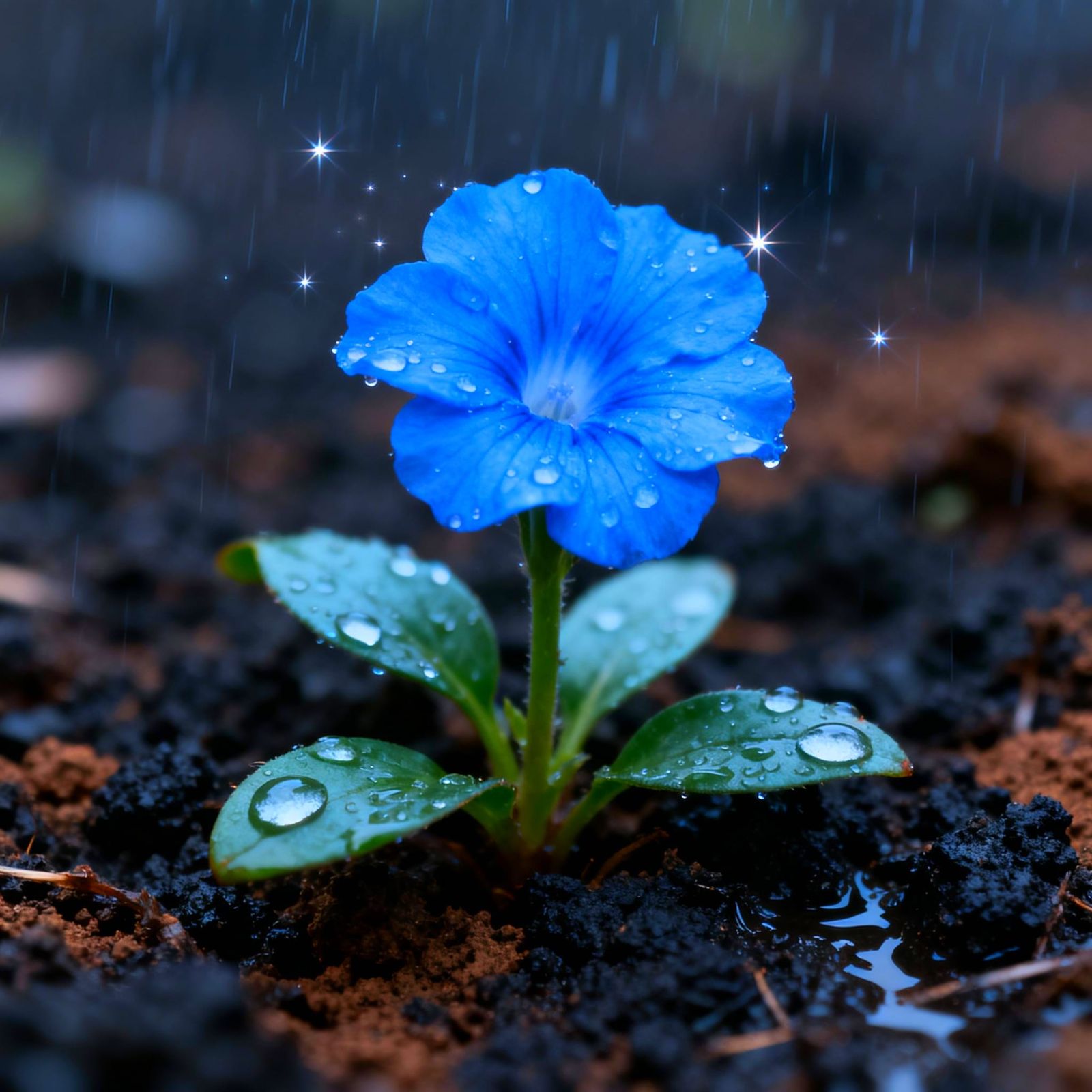 Blue Flower Rises from Earth After Rain, Enchanting Style